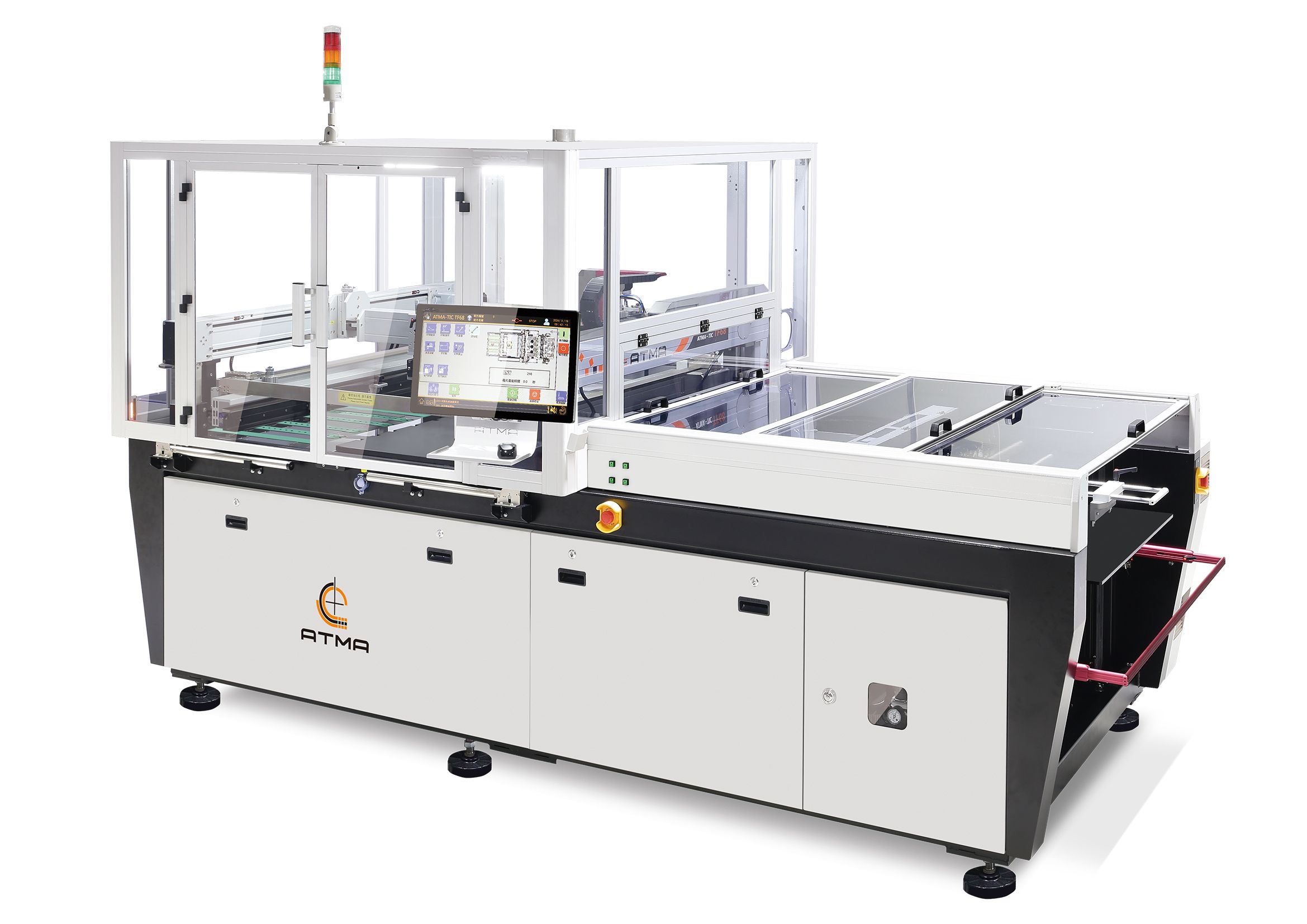 單機智能自動化整合堆疊進料、印刷和退料為一體,結合視覺系統對版對位,具備居中印刷和多點印長補正功能等,提供高品質高產能的網印方案。